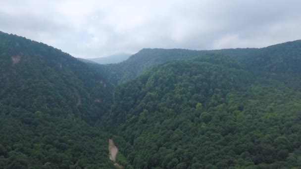 Panorama Terreno Montanhoso Selvagem Colinas Cobertas Floresta Rio — Vídeo de Stock