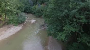Dağ nehri derin bir vadide. Hava aracı görüntüleri..