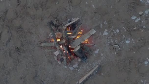 Mens Throw Wood Campfire Top View Drone — Stock Video