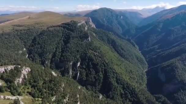 Deep Mountain Gorge Wooded Valley Aerial View — Stock Video
