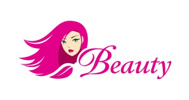 Güzellik Salonu logo şablonu. Pembe saçlı stok görüntü ile genç bayan.