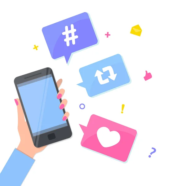 Concept Médias Sociaux Main Avec Smartphone Hashtag Comme Reposter Des — Image vectorielle