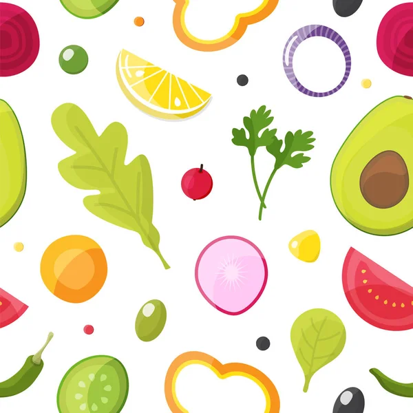 신선한 야채 완벽 한 패턴, 건강 한 식습관, 야채 샐러드 — 스톡 벡터