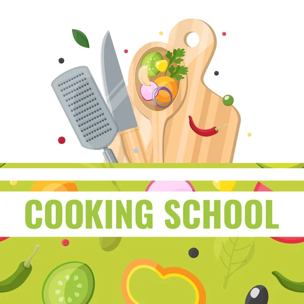 Banner de diseño plano de la escuela de cocina con herramientas de cocina — Archivo Imágenes Vectoriales