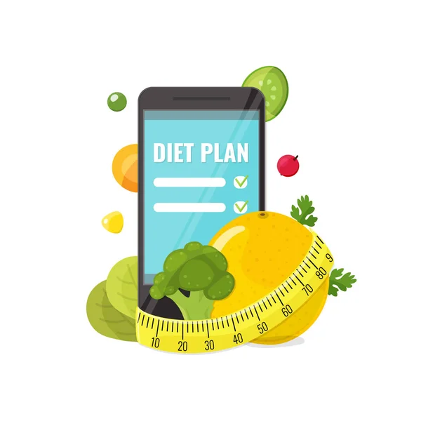 Phone with app of diet plan, vegetables and measuring tape — Stock Vector