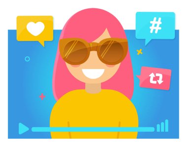 Kız pembe saç blogger video konsepti ile. Popüler genç Video flama Blogger kız, kadın.
