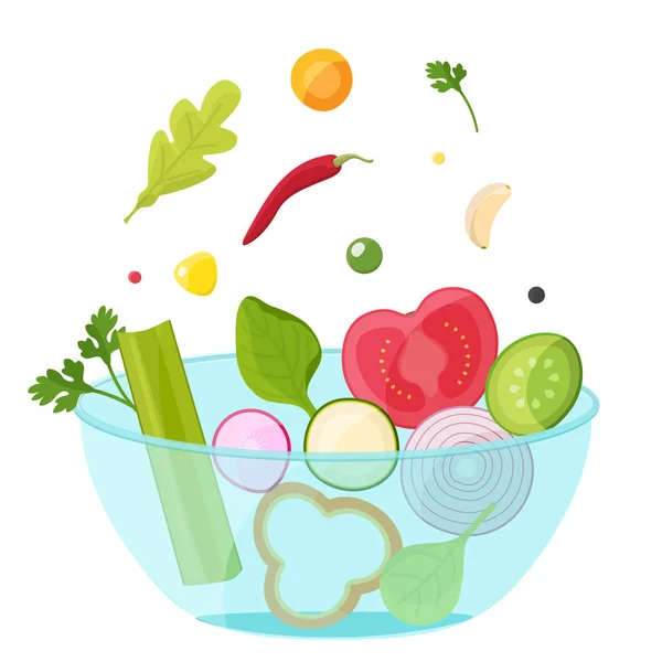 Verduras en un tazón de vidrio. Concepto de alimentación saludable . — Vector de stock