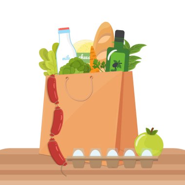 Ürünleri ile kağıt torba. Gıda sepeti, günlük satın alma