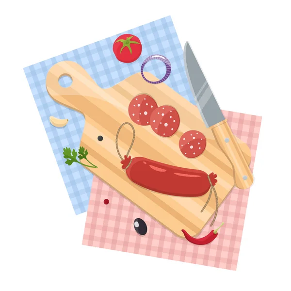 切碎板上的香肠、香料和刀子。烹饪的过程。家庭烹饪. — 图库矢量图片