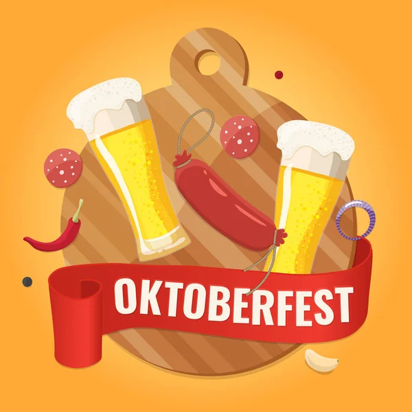 Oktoberfest. Einladungsbanner für Bierparty mit Gläsern mit Bier, Holzbrett und Wurst. — Stockvektor