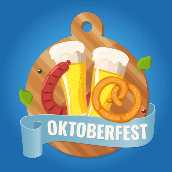 Oktoberfest. Einladungsbanner zur Party mit Bier, Bratwurst und Brezel auf blauem Hintergrund. — Stockvektor