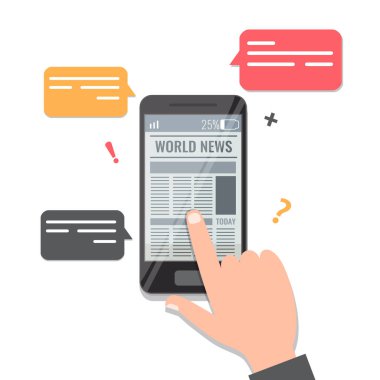 Gazete çevrimiçi okuma kavramı. Adam akıllı telefon Newa uygulamasında haberlere bakıyor..