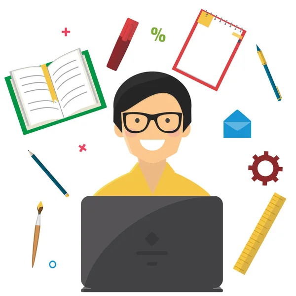 Man with notebook and school stuff. Online education, e-learning concept. — Stock Vector