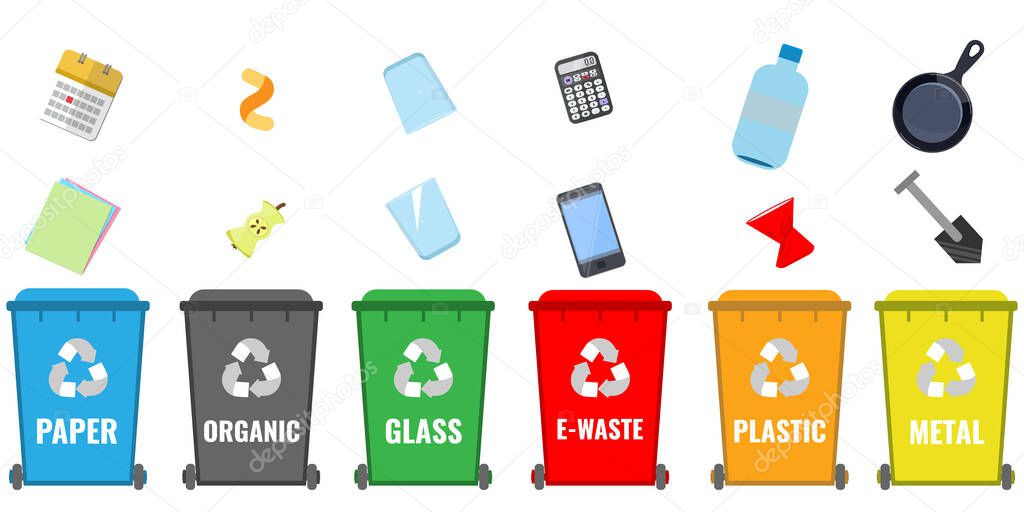 Set of colored containers for sorting garbage with wheels and garbage by sorting categories. Waste recycling concept.