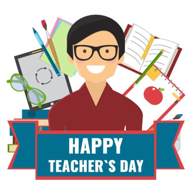 Öğretmenler Günü konseptin kutlu olsun. Öğretmen ve okul eşyalarıyla dolu kart..