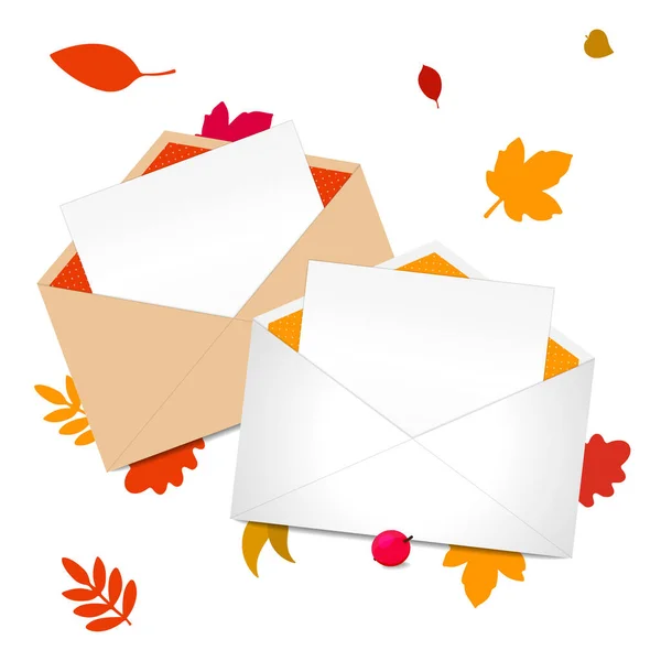 Set van twee papieren enveloppen met kaarten en herfstbladeren. Herfst verkoop korting seizoen concept. — Stockvector