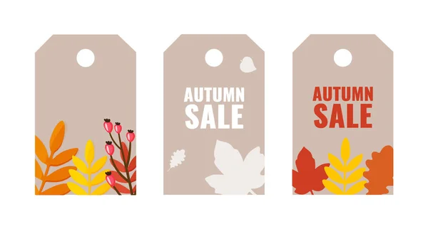 Étiquettes cadeaux avec décoration d'automne, feuilles, branches, barrières. Vente concept de saison discount. — Image vectorielle