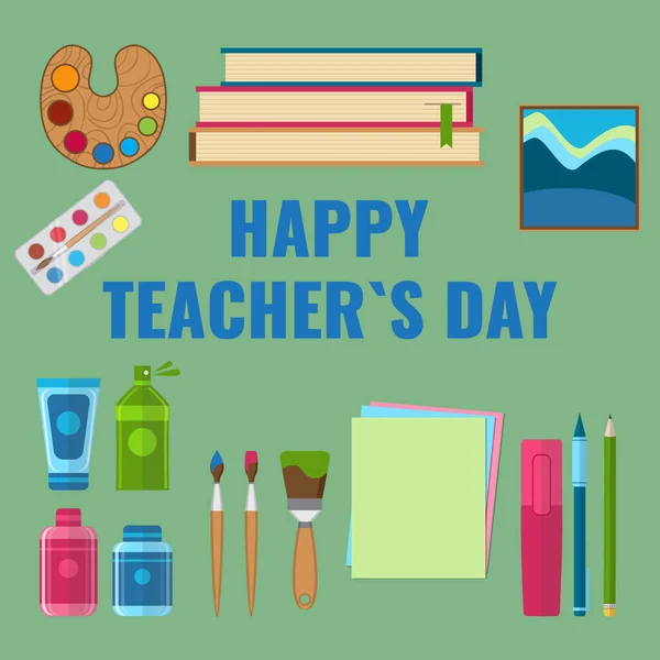 幸せな教師の日の概念。美術学校用品、塗料、パレット、絵筆、アートワーク付きのカード ストックイラスト