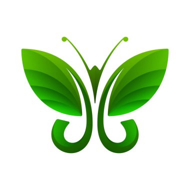 Beyaz arka planda simetrik yaprak şekli yeşil kelebek. Vektör çizim.