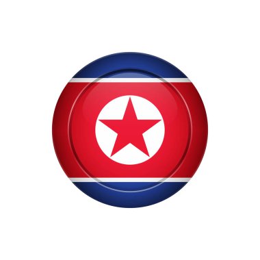Bayrak tasarım. Kuzey Kore bayrağı yuvarlak düğmede. Tasarımlarınız için izole şablonu. Vektör çizim.