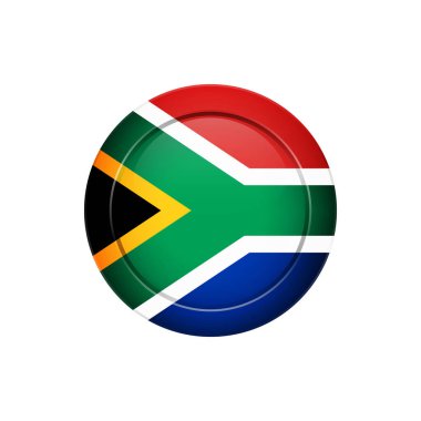 Bayrak tasarım. Güney Afrika bayrak üstünde belgili tanımlık yuvarlak düğme. Tasarımlarınız için izole şablonu. Vektör çizim.