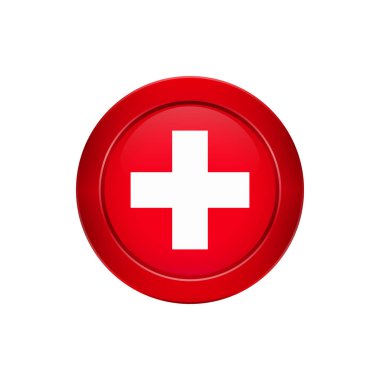 Düğme tasarım bayrak. İsviçre bayrağı yuvarlak düğmede. Tasarımlarınız için izole şablonu. Vektör çizim.