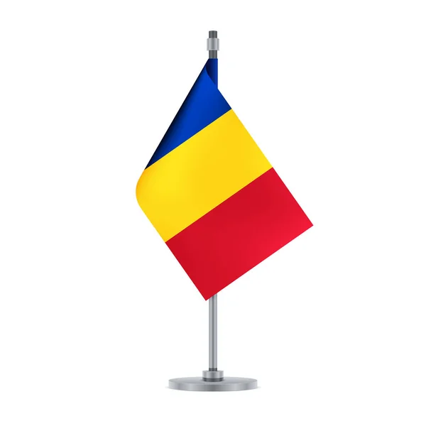 国旗をデザインします ルーマニアの旗は 金属のポールに掛かっています あなたのデザインの分離のテンプレートです ベクトル図 — ストックベクタ