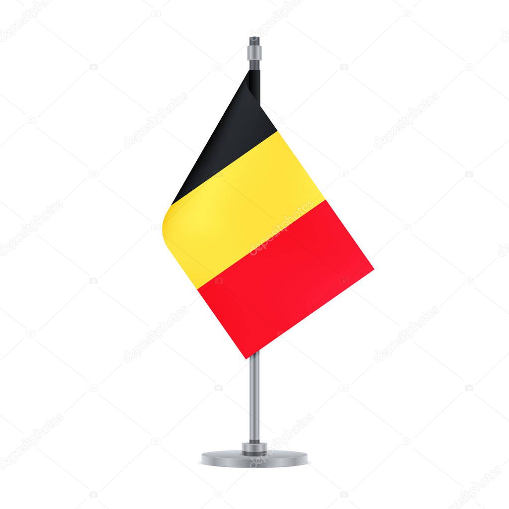 Flag design. Belgian flag hanging on the metallic pole. Isolated template for your designs. Vector illustration.