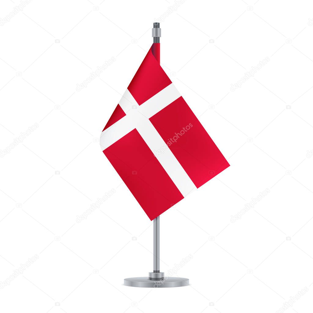 Flag design. Danish flag hanging on the metallic pole. Isolated template for your designs. Vector illustration.