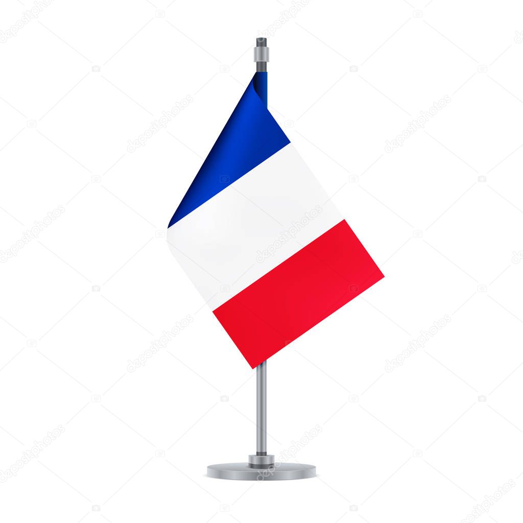 Flag design. French flag hanging on the metallic pole. Isolated template for your designs. Vector illustration.