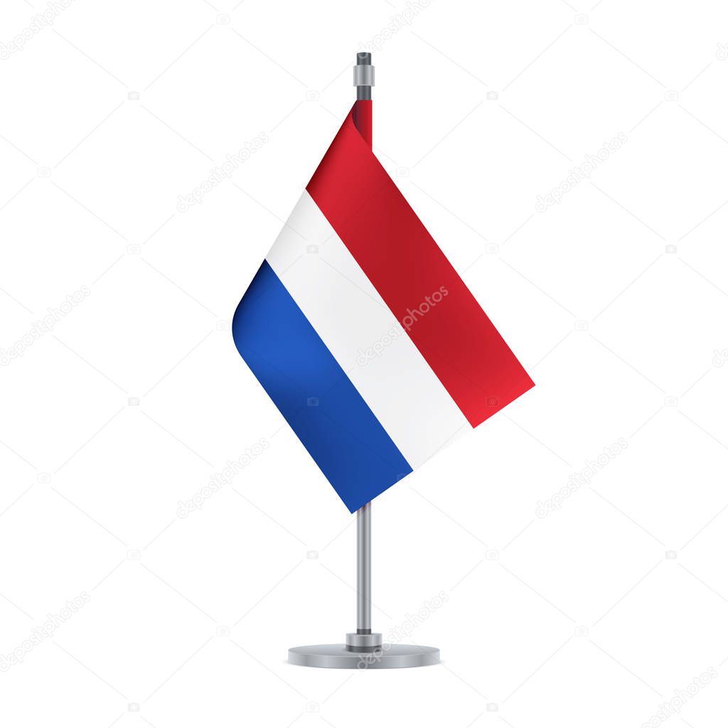 Flag design. Dutch flag hanging on the metallic pole. Isolated template for your designs. Vector illustration.