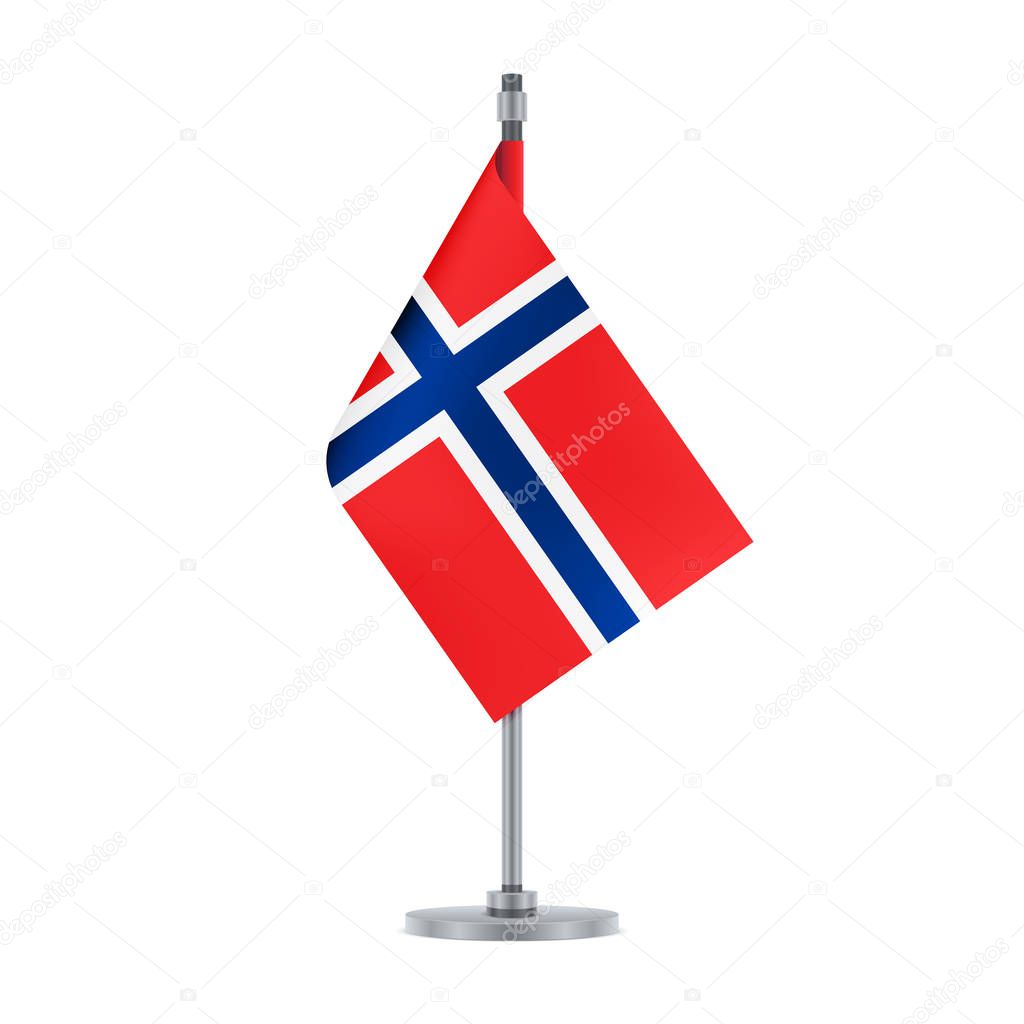 Flag design. Norwegian flag hanging on the metallic pole. Isolated template for your designs. Vector illustration.