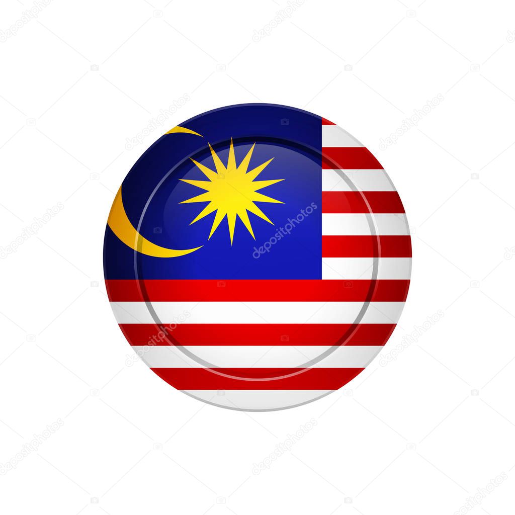 Flag design. Malaysian flag on the round button. Isolated template for your designs. Vector illustration.
