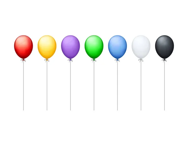 Globos Brillantes Colores Con Cuerdas Fila Sobre Fondo Blanco — Archivo Imágenes Vectoriales