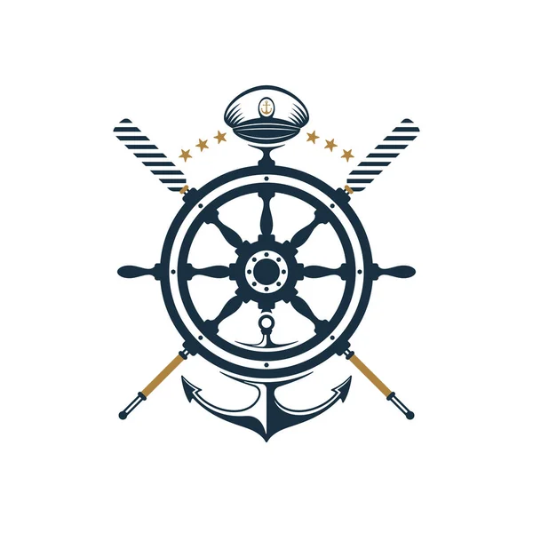 Roue Navire Ancre Aviron Capitaines Icônes Chapeau Design Badge Nautique — Image vectorielle