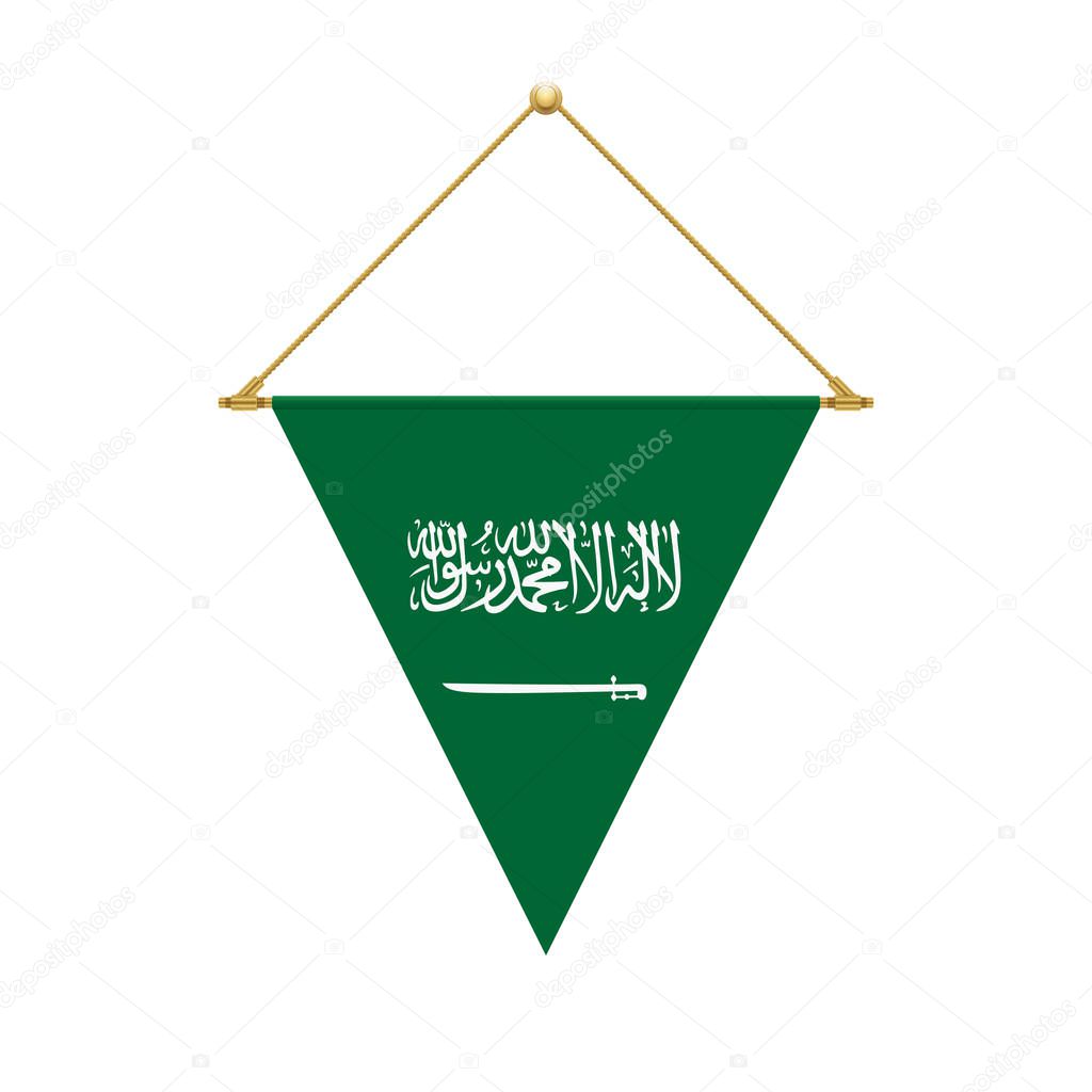 Flag design. Saudi Arabian triangle flag hanging. Isolated template for your designs. Vector illustration.