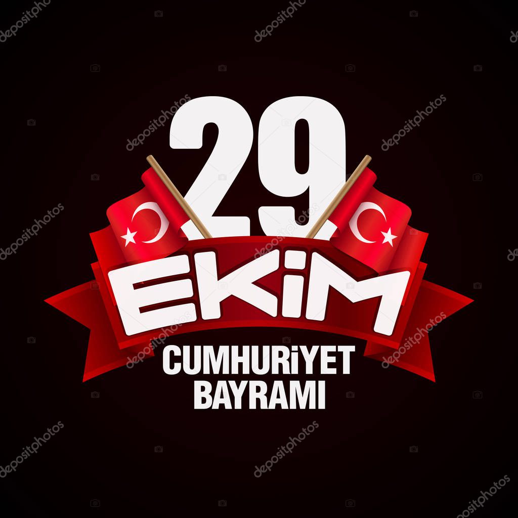29 Ekim Cumhuriyet Bayrami Kutlu Olsun. Translation: October 29, Republic Day of Turkey. Greeting card concept on black background.