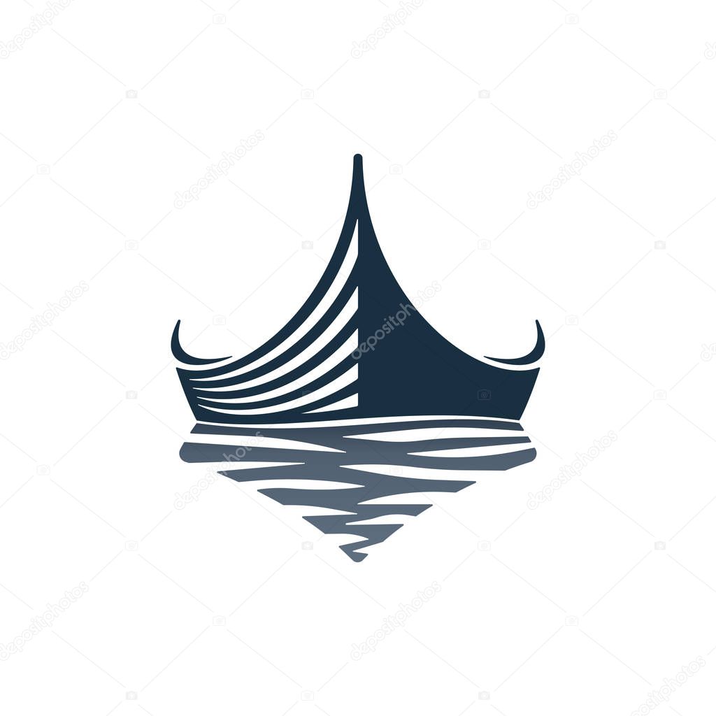 Wooden boat and waves on white background. Vector illustration icons.