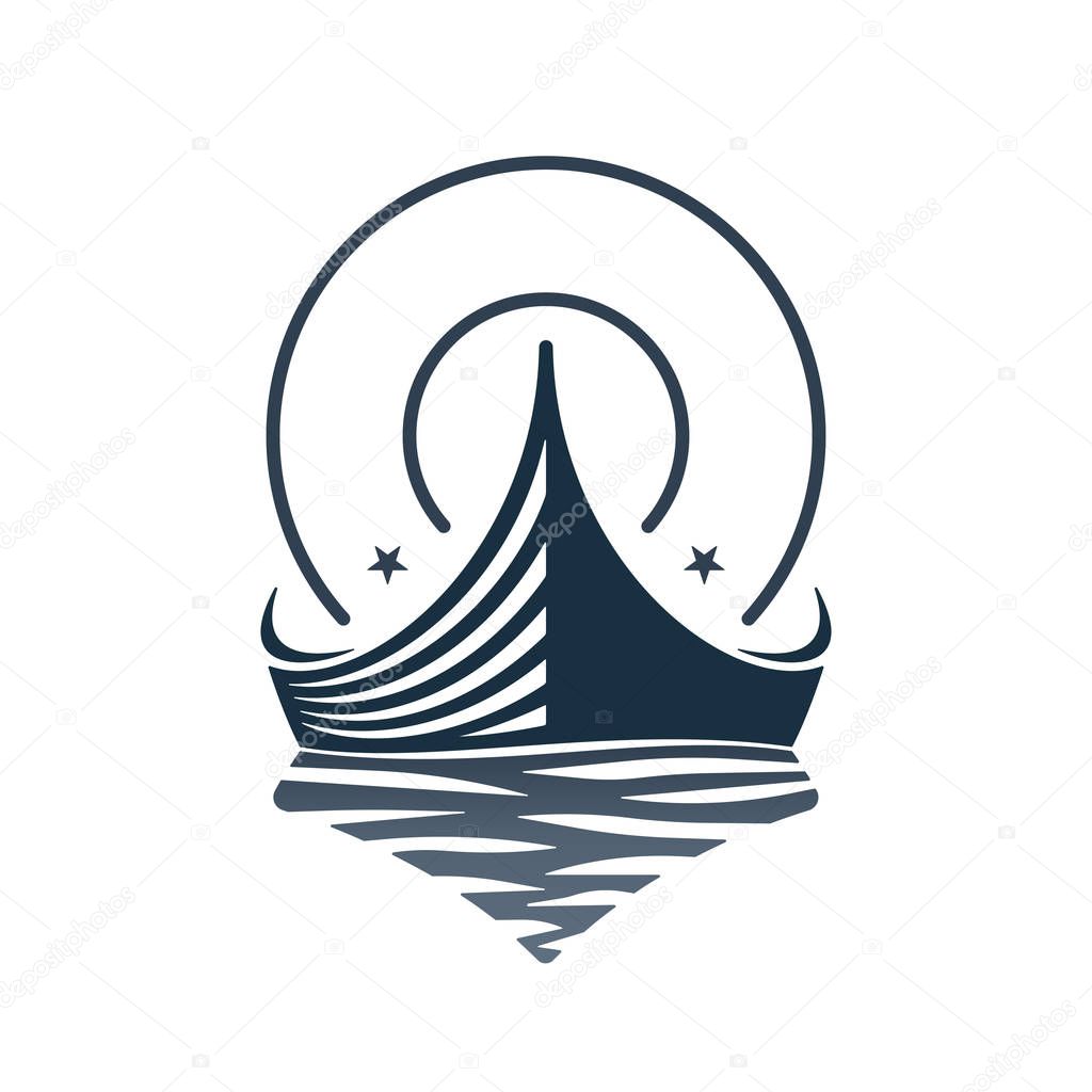 Wooden boat and waves on white background. Vector illustration logos.