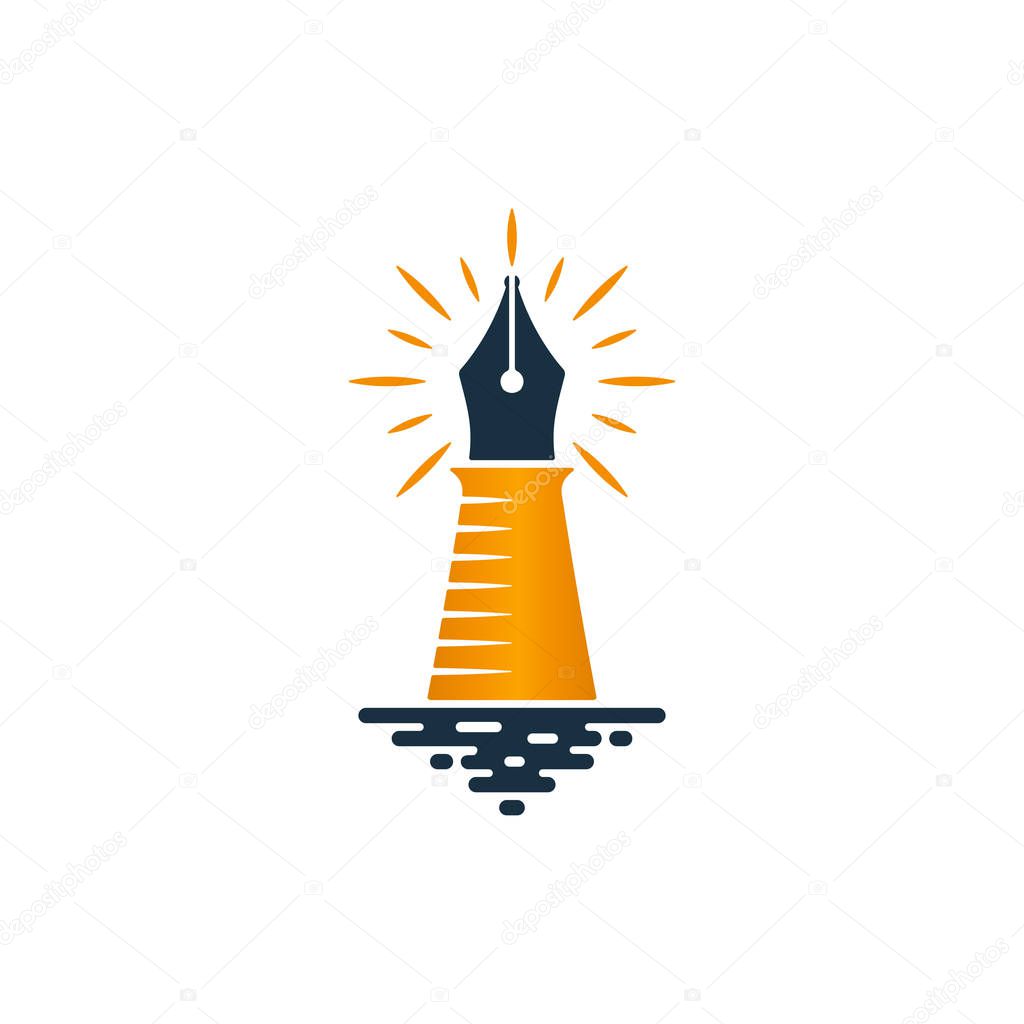 Lighthouse and fountain pen icon on white background. Vector logo design.