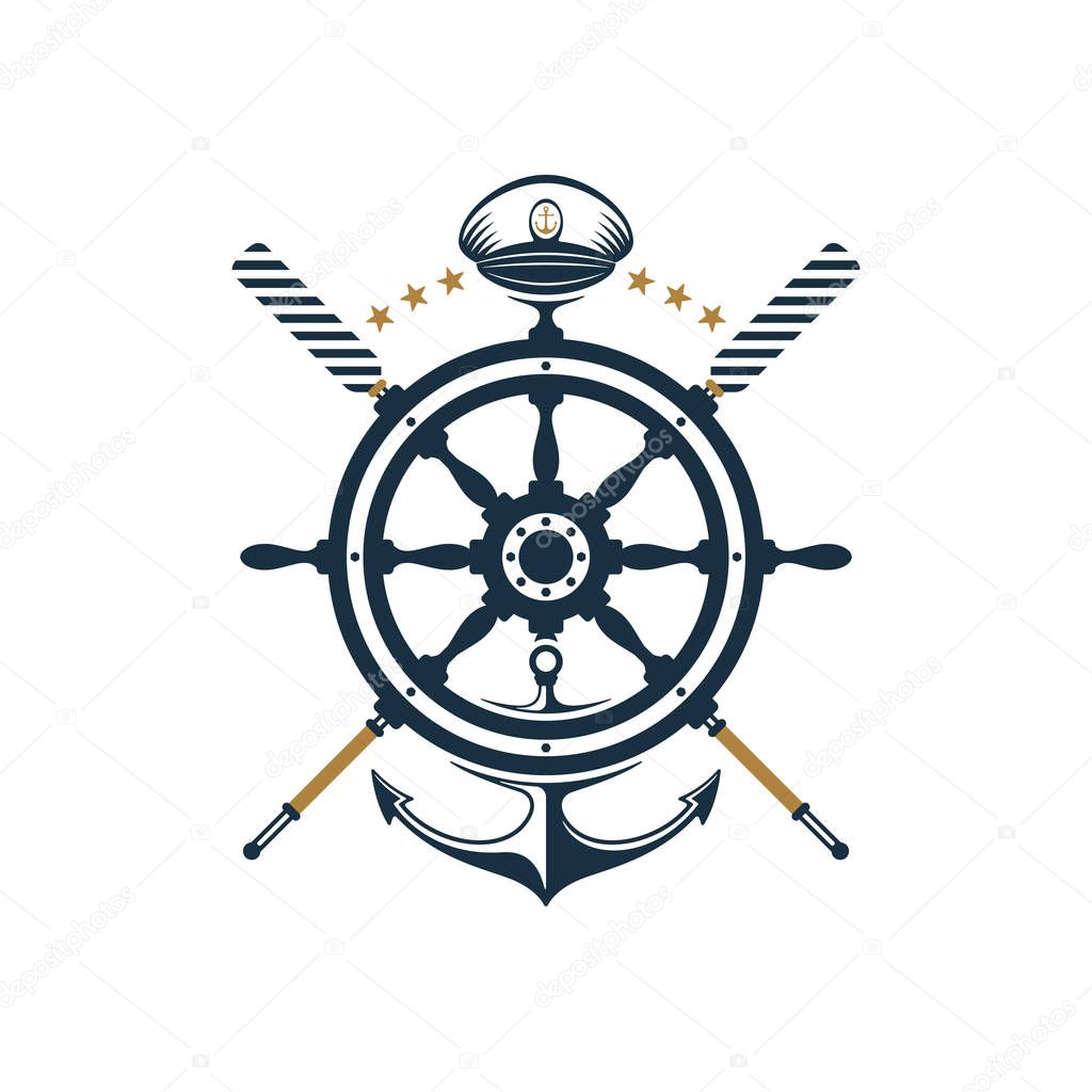 Ship wheel, anchor, oar, captains hat icons design. Nautical badge on white background. 