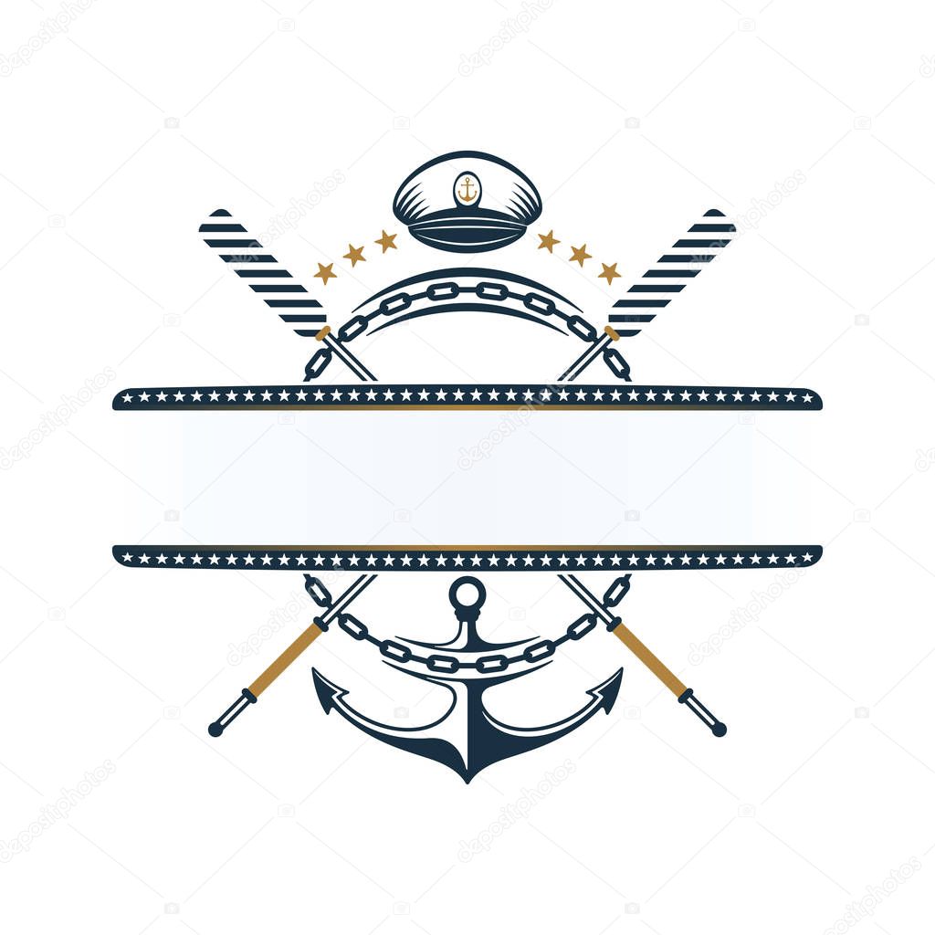 Anchor, oar, anchor chain, captains hat icons design. Nautical label on white background. 
