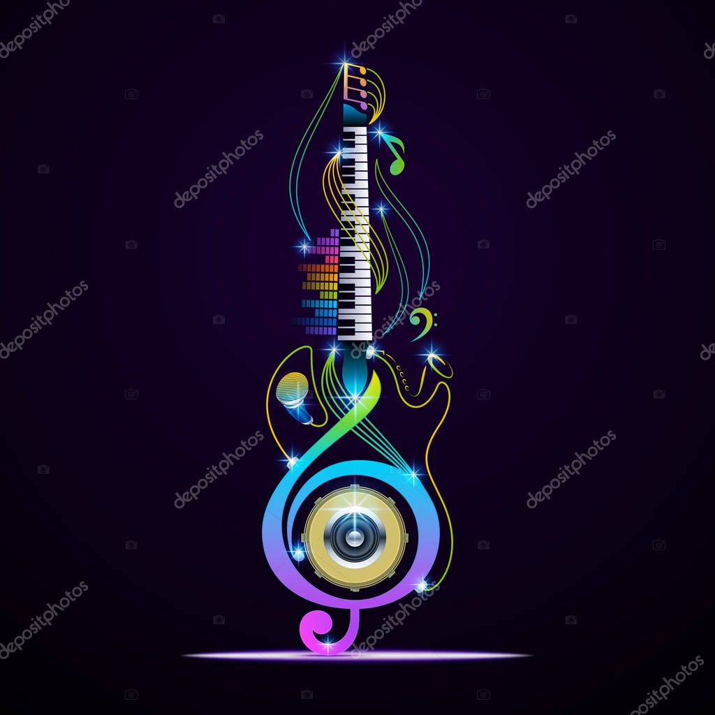 Unique musical instruments on black background. Vector instruments design.