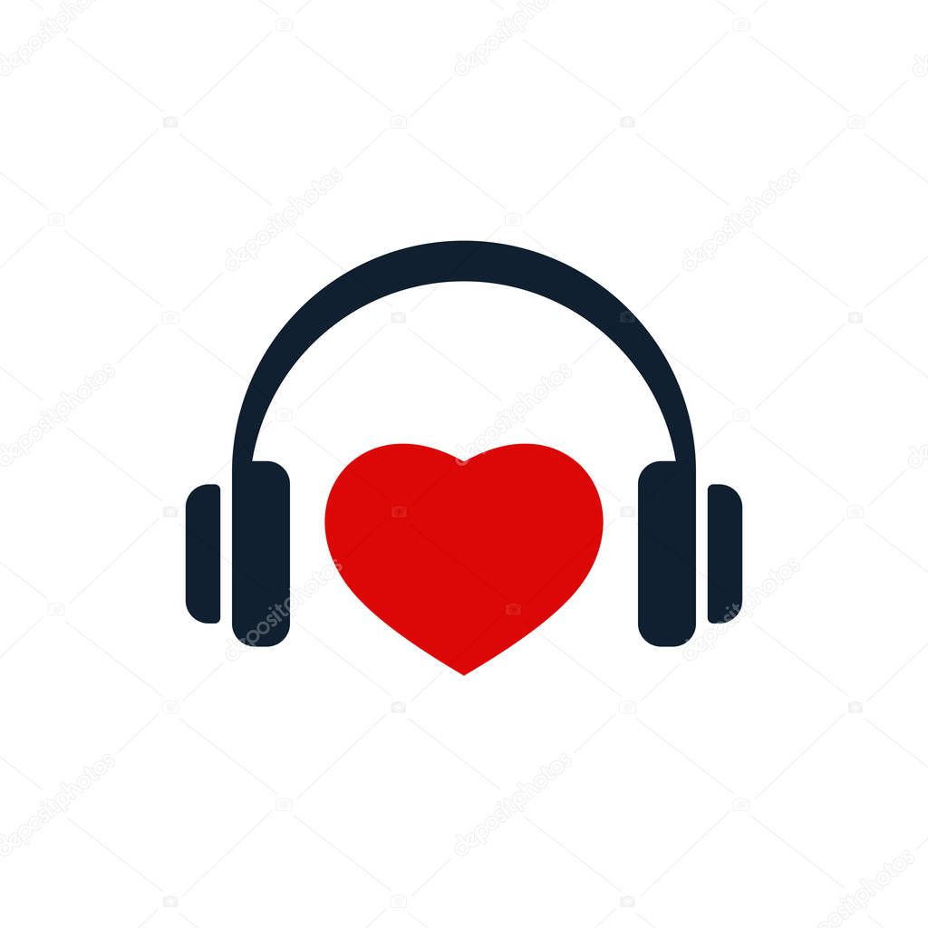 Headphones and heart shape on white background. Flat vector headphones design.