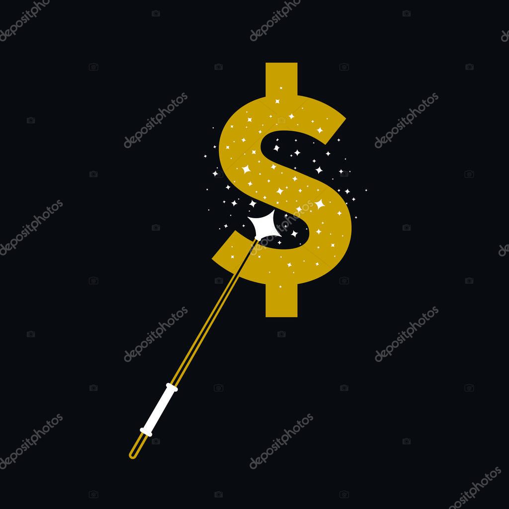 Magic wands with dollar currency shape on white background. Magical equipments vector design.