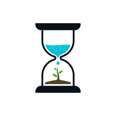 Filiz ve su beyaz zemin üzerine kum saati bırakın. Simgesi tasarım zamanı.