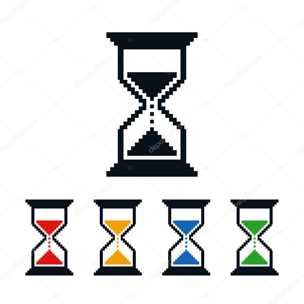 Pixel shaped hourglass on white background. Icon design about time.
