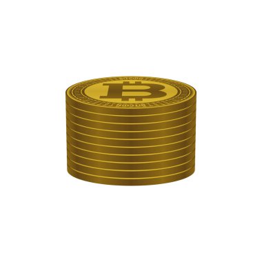 Altın renkli bitcoin 'ler beyaz arka planda yığılıyor. Para birimi simgeleri tasarımı.