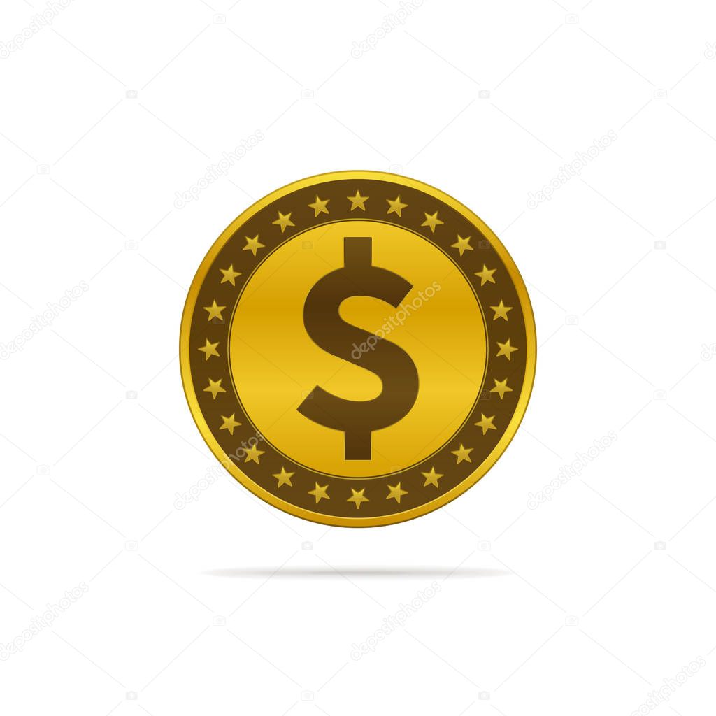 Gold colored dollar coin on white background. Currency icon design.