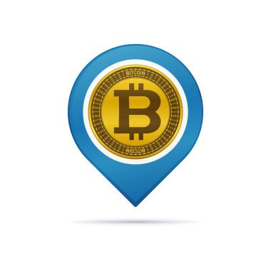 Beyaz zemin üzerinde bitcoin sembolü olan altın renkli adres simgesi. Para birimi simgesi tasarımı.